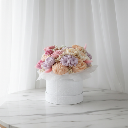 Floral arrangement on marble with tulle curtain