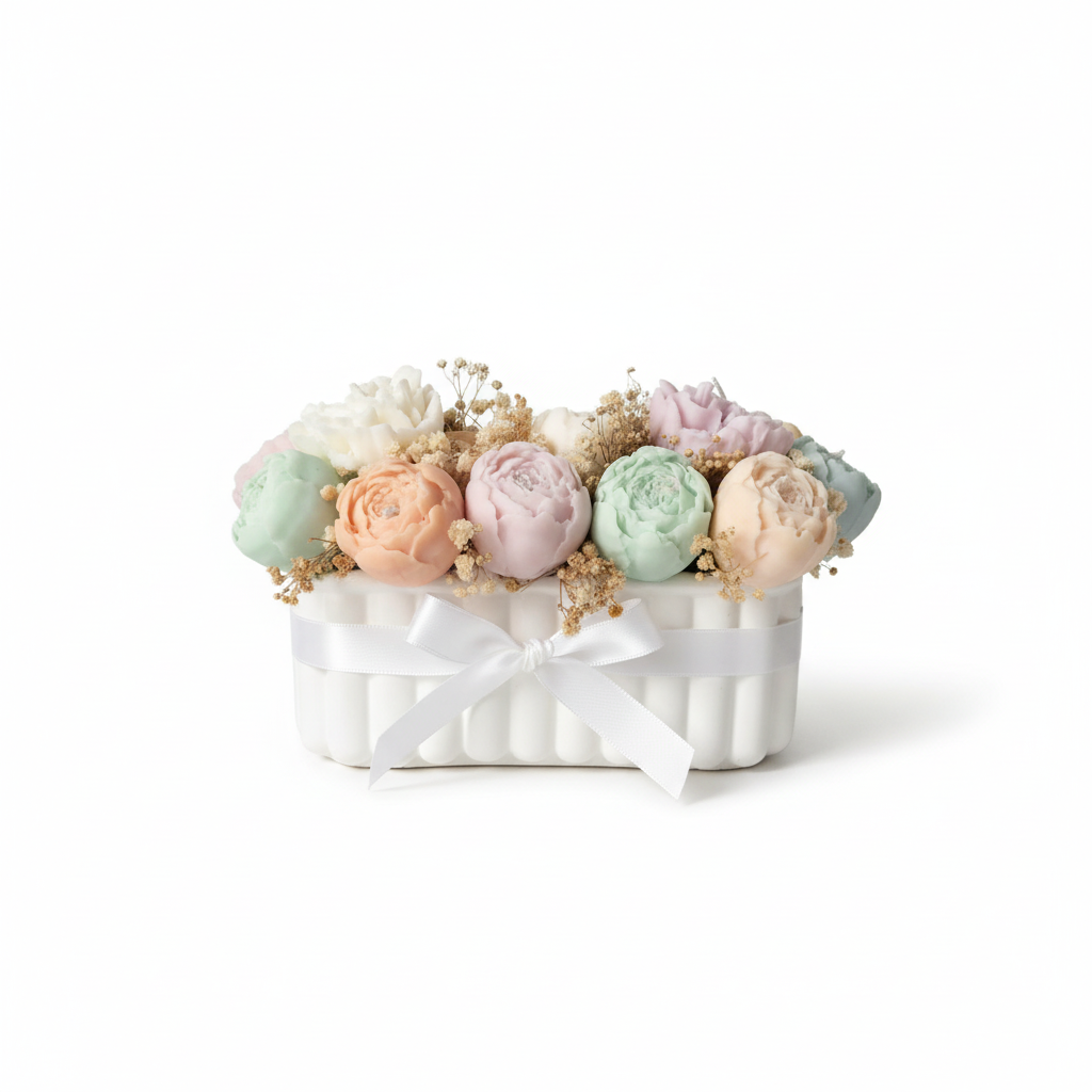 Pastellfarbene Rosen-Kerzen im weißen Behälter