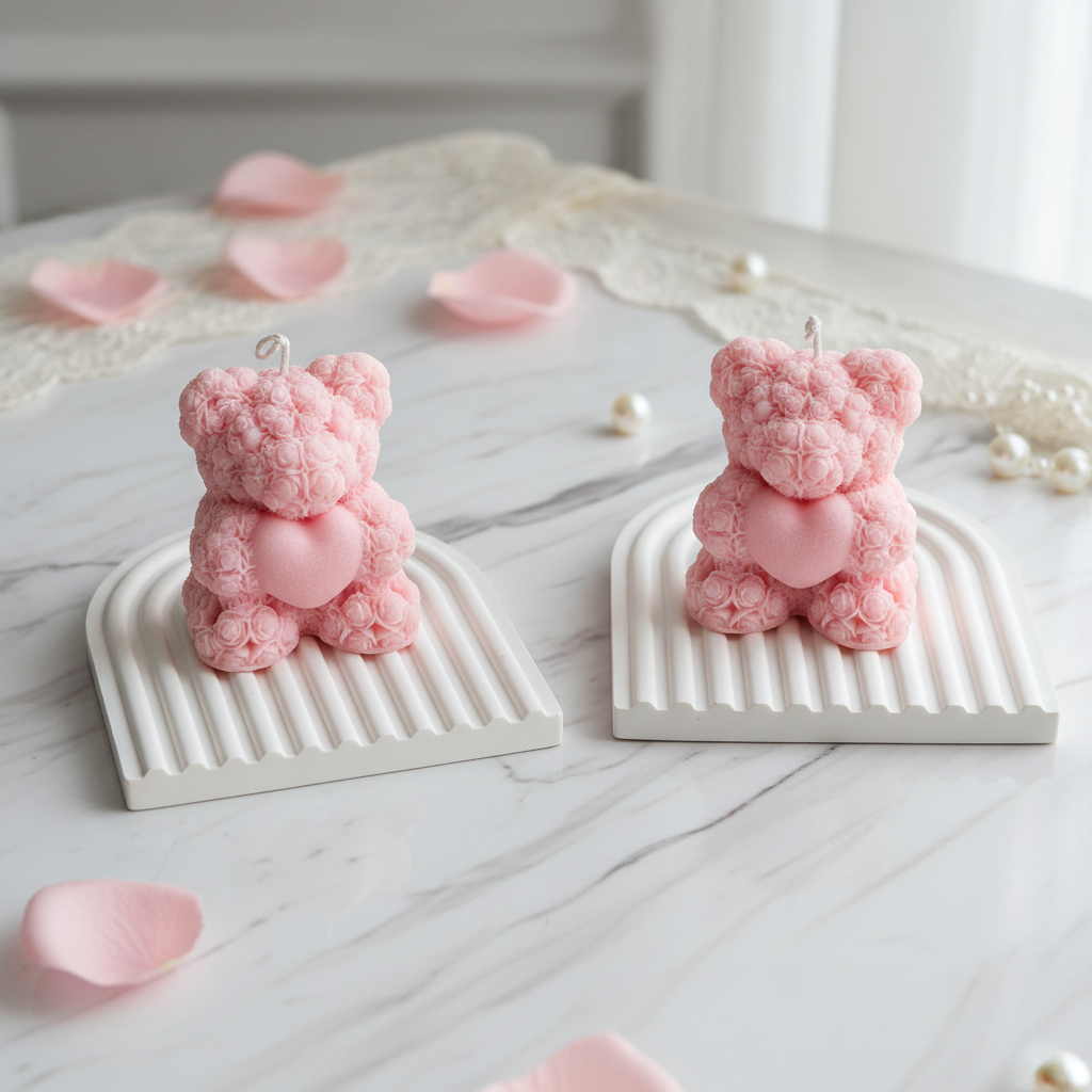 Teddy bear candles on rainbow coasters