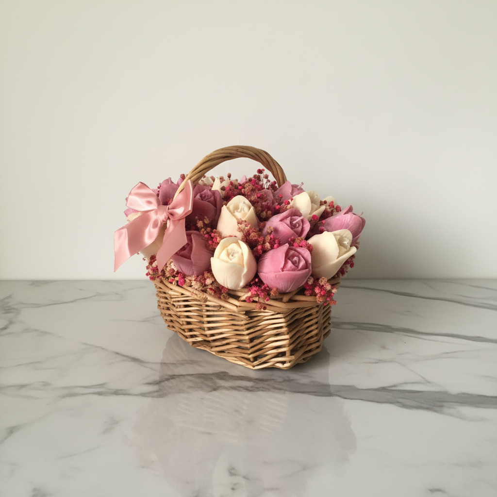 Wicker basket with rose candles on marble
